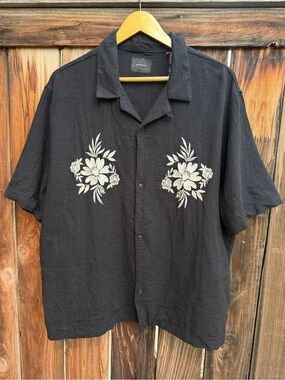 PacSun Black Floral Embroidered Oversized Resort Camp Shirt